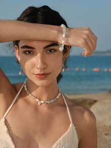 Opalesca 1pc European And American Fashion Icy Blue Asymmetrical Stone & Freshwater Pearl Necklace, Beach Style Bracelet, Faux Earrings, Delicate Choker - Multicolor - View 3