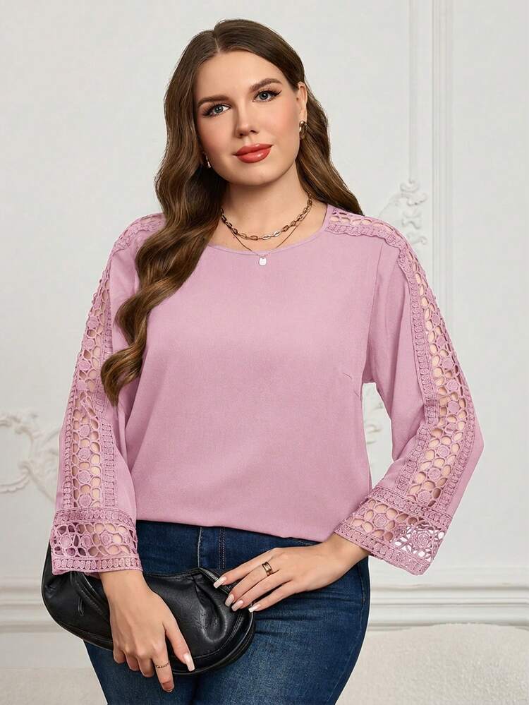 Plus Size Solid Color Hollow Round Neck Casual Long Sleeve Shirt