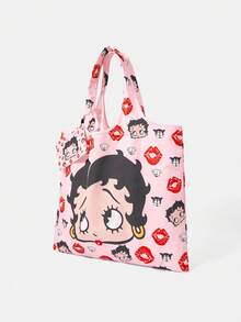 Betty Boop x SHEIN 1 pieza, bolsa de compras plegable con patrón de labios rojos y perro rosa, bolsa de tela impermeable de gran capacidad. - Rosa Pálido - Ver 3