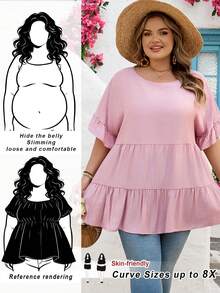 SHEIN CURVE+ Blusa retro de rayas casual de estilo bohemio para mujeres de talla grande, adecuada para festivales de música, vacaciones en la playa, apropiada para vacaciones en la playa - Rosa - Ver 1