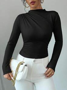 Chiquease 休闲百搭纯色不对称褶皱T恤 - 黑色 - 查看 6