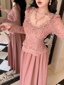 DAZY Spring & Summer Pink Lace Dress, Elegant For Valentine's Day, Wedding, Party, Banquet, Fashion Event. Slim Fit, Sheer Mesh Patchwork, High Waist, Flared Dress For Women Sundress - Watermelon Pink - View 2
