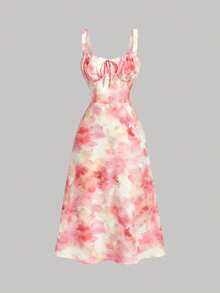 SHEIN MOD 女士全印花扭结胸部褶皱吊带中长连衣裙，夏季，节日女装，女士碎花印花长款连衣裙，甜心领系带无袖A字连衣裙，夏季碎花连衣裙，花园派对连衣裙，派对连衣裙，法式连衣裙，度假连衣裙，婚礼宾客连衣裙，沙滩连衣裙，毕业典礼连衣裙，碎花连衣裙，易穿款式，浪漫，优雅，女士晚礼服，粉色碎花连衣裙，碎花夏季连衣裙，可爱夏季连衣裙，女士夏季连衣裙 - 粉色 - 查看 4