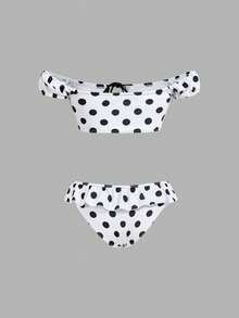 SHEIN MOD Women's Summer Beach Polka Dot Twist Design Tankini Top And Triangle Bikini Bottom 2-Piece Swimsuit Set, Summer, Festival Outfits, Beach Vacation Outfits For Women, Holiday Outfits, Casual, Polka Dot Bikini, Chic Polka Dot Two Piece Swimsuit Women's Ruffle Hem Off Shoulder Bikini Top And Bottoms - Black and White - View 4