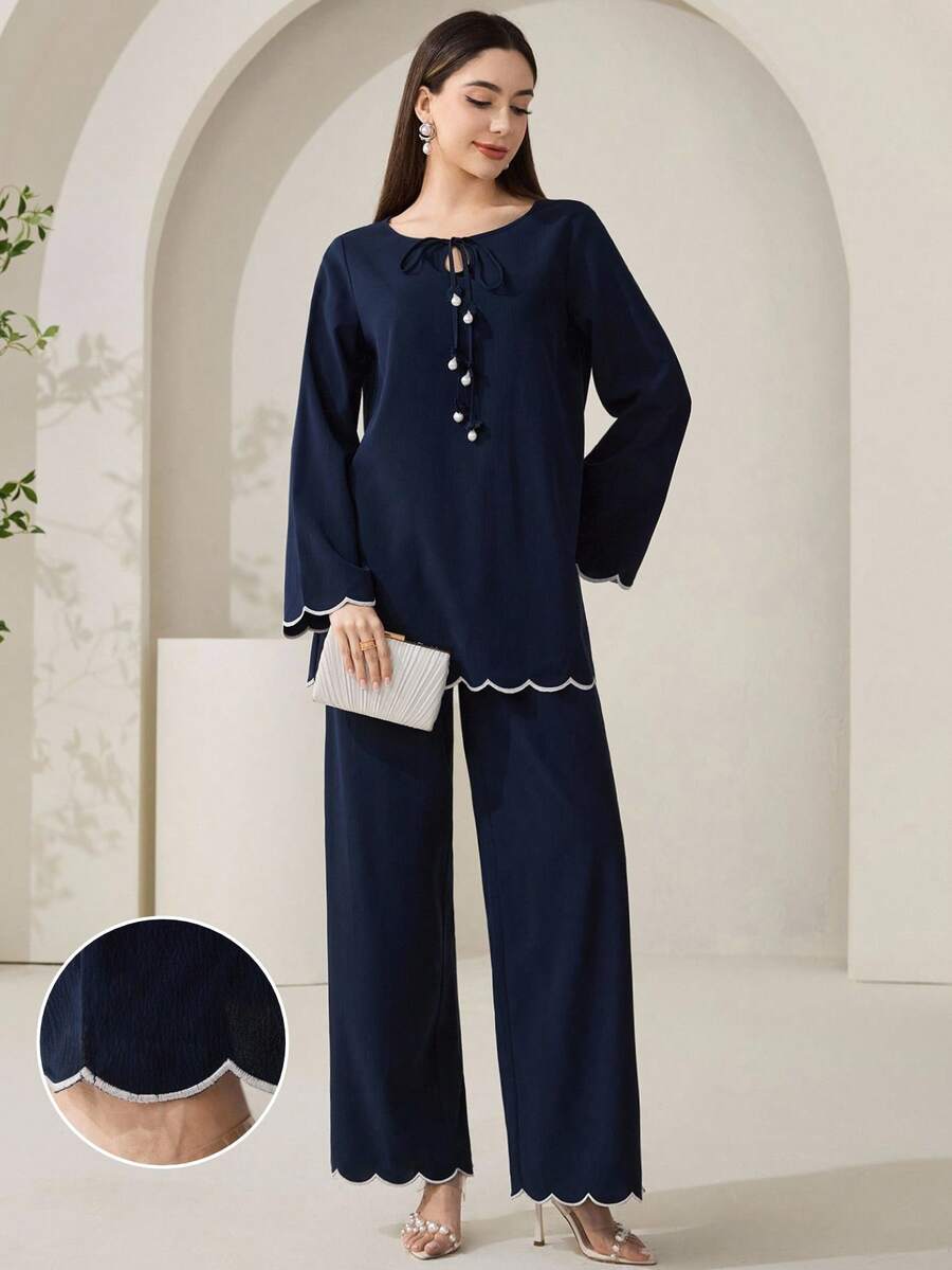 Veilorie 保守休闲波浪边刺绣女裤 - 藏蓝色 - 查看 1