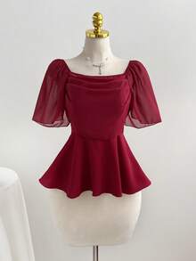 Elamini Square Neck Ruched Waist Flared Hem Women Top - Burgundy - View 1