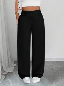SHEIN PETITE Women's Casual Straight Leg Wide Waist Pants - Black - View 3