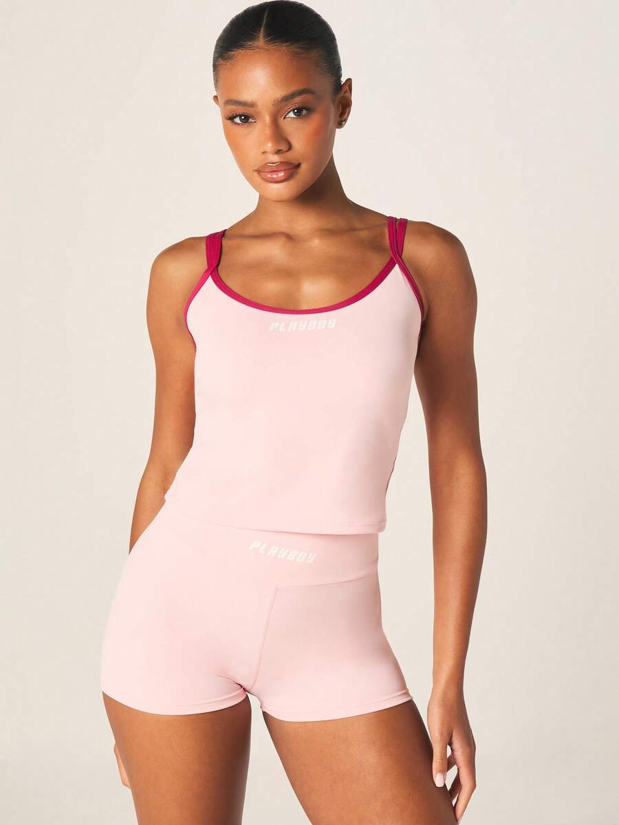 Missguided x Playboy Double Strap Fitted Cami Tank Top With Contrast Trim Athletic Sleeveless Summer Active Workout Top - Pink - View 1