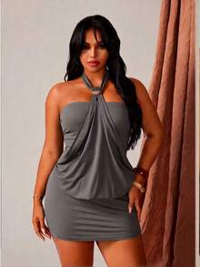 Rustia Bộ váy áo croptop cúp ngực và chân váy mini ôm sát kiểu Mỹ dành cho nữ. - Xám - Xem 7