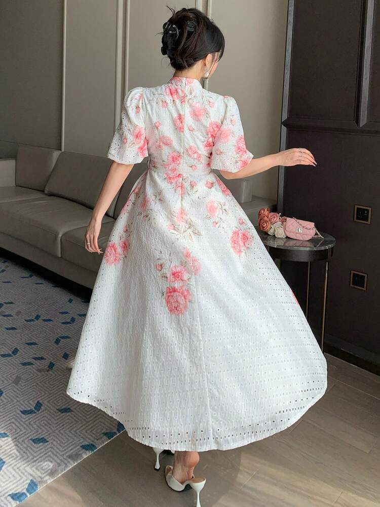 Women's Elegant Floral Print Stand Collar Belted Mid-Length Dress, Summer,Wedding Guest Dress Women Maxi Dress Sundress