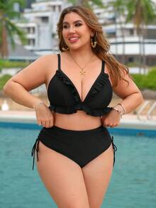 Swim Lushoire Plus Size Women's Solid Color Side Drawstring Bikini Bottom - Black - View 5