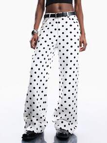 Aveloria Affinna Women's Black & White Polka Dot Low Waist Loose Straight Leg Pants - Black and White - View 3