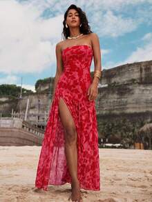 Opulessa Knitted Mesh Leopard Print Slit Fitted Dress For Women - Multicolor - View 5