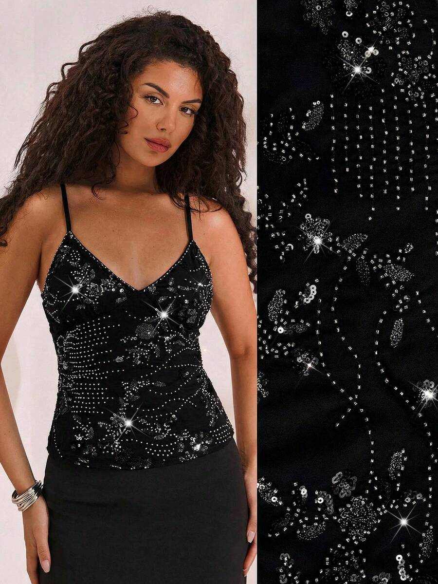 Opulessa 纯色串珠刺绣露背吊带背心（女款） - 黑色 - 查看 1