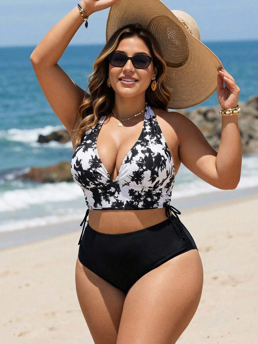 Swim Lushoire Summer Beach Plus Size Tie-Dye Halter Top And Solid Color Bottom Bikini Set Carnival - Black and White - View 1