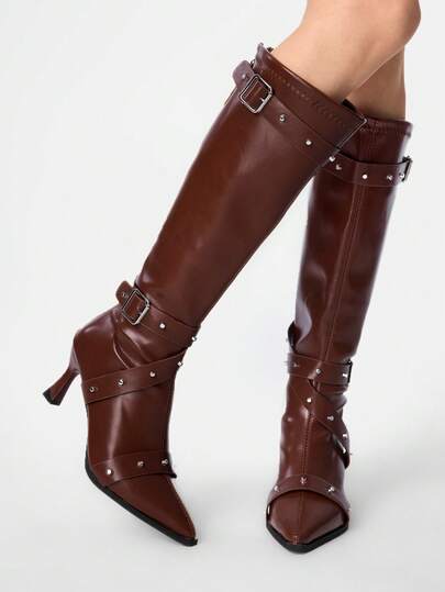 ROMWE Grunge Punk Women's Fashion Commuter Buckle Mid-Calf High Heel Boots