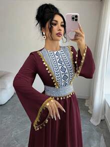 Women's Printed & Sequin Patchwork Round Neck Long Sleeve Arabic Style Dress - Burgundy - View 1