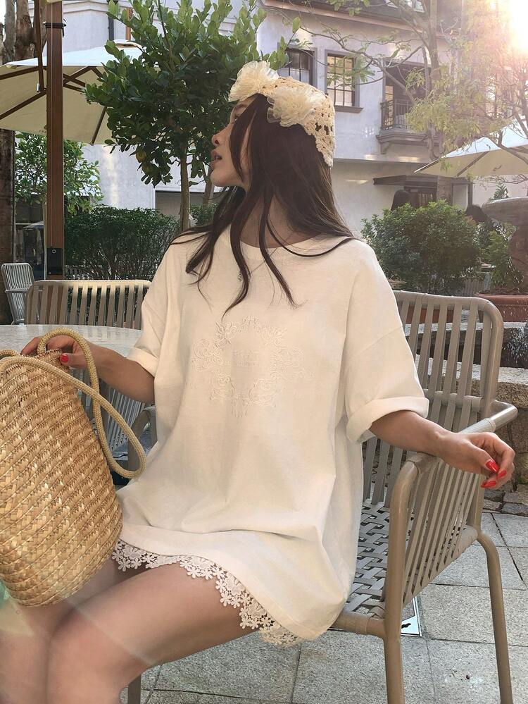 Women's Round Neck Korean Style Lace Patchwork Short Sleeve T-Shirt