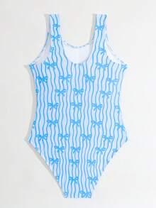 SHEIN Bộ đồ bơi liền thân in hình bướm dành cho thiếu nữ, thích hợp cho kỳ nghỉ hè, đi biển và tiệc bể bơi. - Màu xanh lam - Xem 2