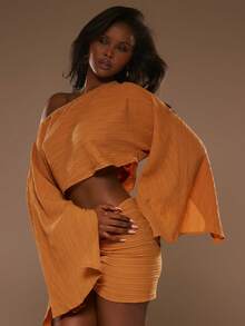 MUSERA Cheesecloth Asymmetric Slash Neck Draped Long Sleeve Top Spring Summer Vacation Beach Elegant Ibiza Festival Holiday Tajine - Orange - View 3