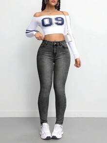 SHEIN Tall CURVE 大码女式蓝色弹力紧身牛仔裤，带口袋 - 黑色 - 查看 5