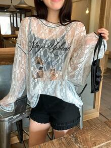 DAZY Women's Lace Long Sleeve Contrast Color Print Korean Style Top - White - View 1