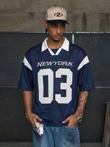 AXEPEAK Men's Letter Print Short Sleeve Casual Commuter Polo Shirt - Blue - View 1