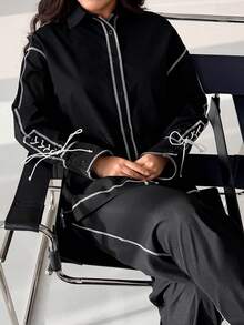 Mulvari Bộ đồ nữ gồm áo dài tay vai rớt cài cúc đơn và quần ống rộng, kiểu dáng thường ngày. - màu đen - Xem 7