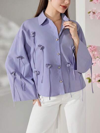 Veilorie 女士纯色3D立体花卉装饰落肩长袖优雅衬衫