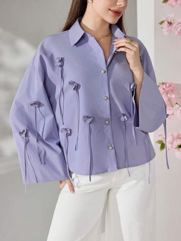 Veilorie Women's Solid Color 3D Floral Decor Drop Shoulder Long Sleeve Elegant Blouse