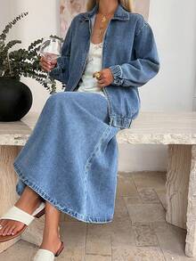 DAZY Women's Collared Zip-Up Long Sleeve Top And Denim Skirt Casual Outfit - Blue - View 1