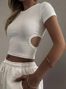DAZY 女士夏季圆领露背镂空修身短款街头休闲性感短袖T恤 Y2k - 白色 - 查看 3