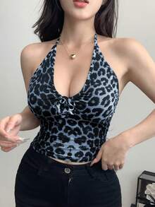 DAZY 女款豹紋修身掛脖背心短版上衣 外出穿搭上衣 - 藍色 - 查看 5