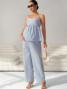 MaterniWear 孕妇条纹荷叶边吊带背心和可调节腰带裤子哺乳两件套 - 藍白色 - 查看 3