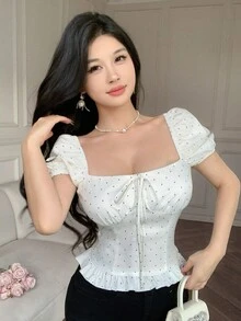 Celisse Women's Polka Dot Print Front Tie Short Petal Sleeve Casual Shirt - White - View 6