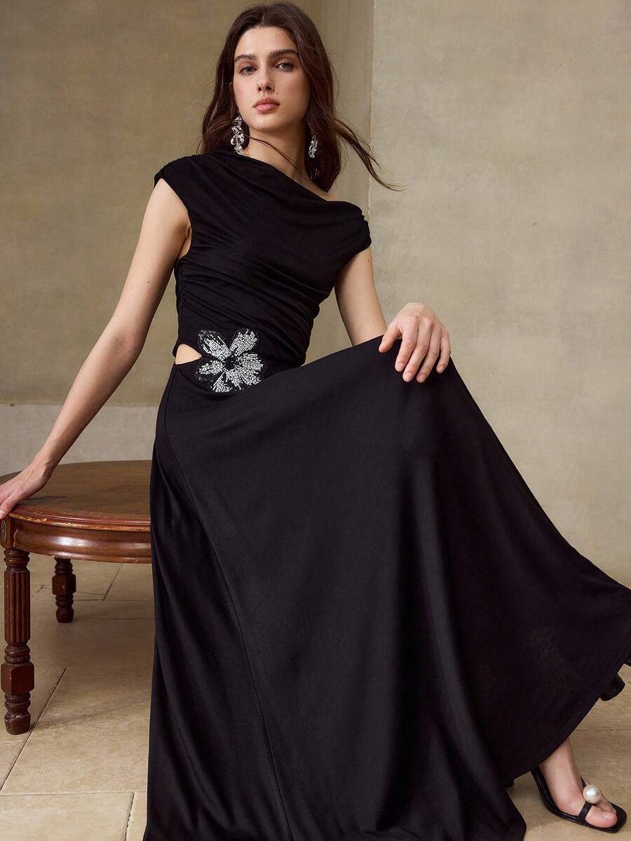 MOTF PREMIUM SPRING/SUMMER NEW HOLLOW EMBROIDERED FLORAL RUCHED ASYMMETRIC SHOULDER KNIT MIDI DRESS FOR WOMEN - Black - View 1