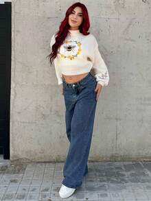 Bearsaez 女士蜜蜂刺绣落肩半高领毛衣、长袖上衣 - 杏色 - 查看 6