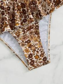 Swim Mod Women's Allover Print Bandeau Bikini Set, Low Waist Ruffle Skorts, Casual Vacation Swimwear - Brown - View 8