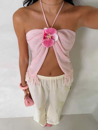 SHEIN Blusa feminina de alças finas com estampa floral, elegante top sem mangas para primavera/verão.