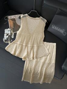 GlowEve Women's Solid Color Hollow-Out Knit Sleeveless Top And Skirt 2 Pieces Set - Apricot - View 2