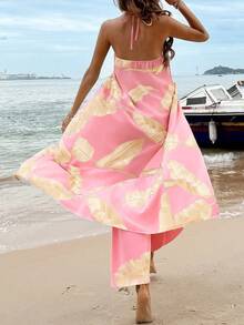 Breezaya Tropical Plant Print Halter Crop Top + Elastic Waist Straight Leg Pants 2 Pieces Set, Spring/Summer - Pink - View 2