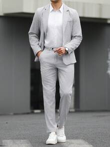 Manfinity Mode Bộ vest nam dài tay cài cúc phía trước, màu xám sọc, chất liệu vải dệt, thích hợp cho mùa xuân/hè, gồm áo khoác và quần. - Xám - Xem 5