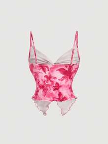 SHEIN MOD 女士碎花扭结褶皱吊带背心和半身裙两件套，时尚百搭，适合约会和外出穿着 - 玫紅色 - 查看 7