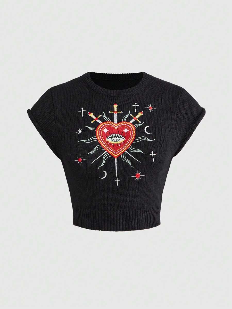 ROMWE Goth Áo len ngắn có mũ, thêu hình mắt quỷ, trái tim, ngôi sao và mặt trăng, kiểu dáng vintage hở eo. - màu đen - Xem 1
