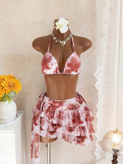 Bellisia Conjunto de traje de baño de 3 piezas con parte superior de bikini tipo halter con estampado floral acuarela, Bottom de bikini con lazos laterales y falda tipo pastel como cubrimiento