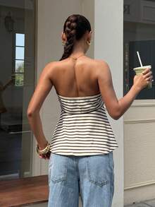 Muchica Summer Top Casual, Simple, And Sweet American-Style Brown Striped Top Is Perfect For Summer, Vacations, Back To School, College, Parties, Beaches, And Casual Wear.Elegant Women's Brown Top - Multicolor - View 2