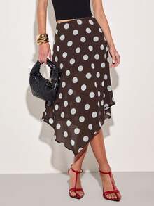 COSMINA Women's Polka Dot Chiffon Irregular Hem Skirt, Fashion Item For Daily Wear, Date, New Year, Versatile, Elegant Skirt, Suitable For Street Style Brown Polka Dot Skirt Asymmetrical Skirt Polka Dot Outfit Women - Brown - View 4