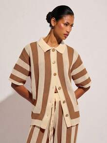 COSMINA Áo len ngắn tay kẻ sọc phối màu phong cách thường ngày dành cho nữ, thích hợp cho mùa hè. - Nhiều màu - Xem 4