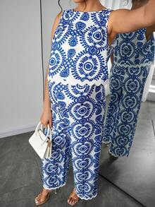 Momance 孕妇无袖植物印花上衣+可调节腰围裤子两件套，夏季 - 藍色 - 查看 8