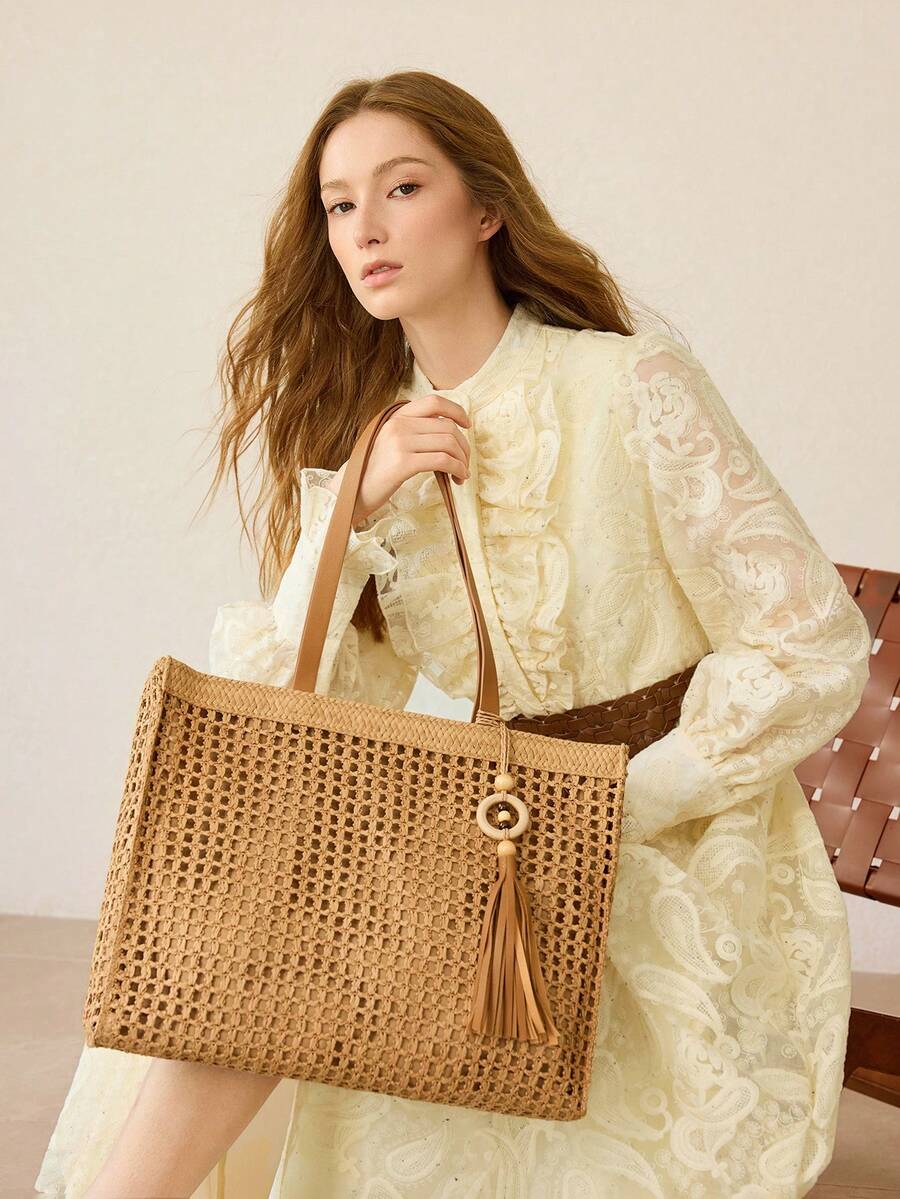 MOTF WOMEN'S TOTE BAG, STYLISH WOVEN HOLLOW SHOULDER BAG - Light brown - View 1